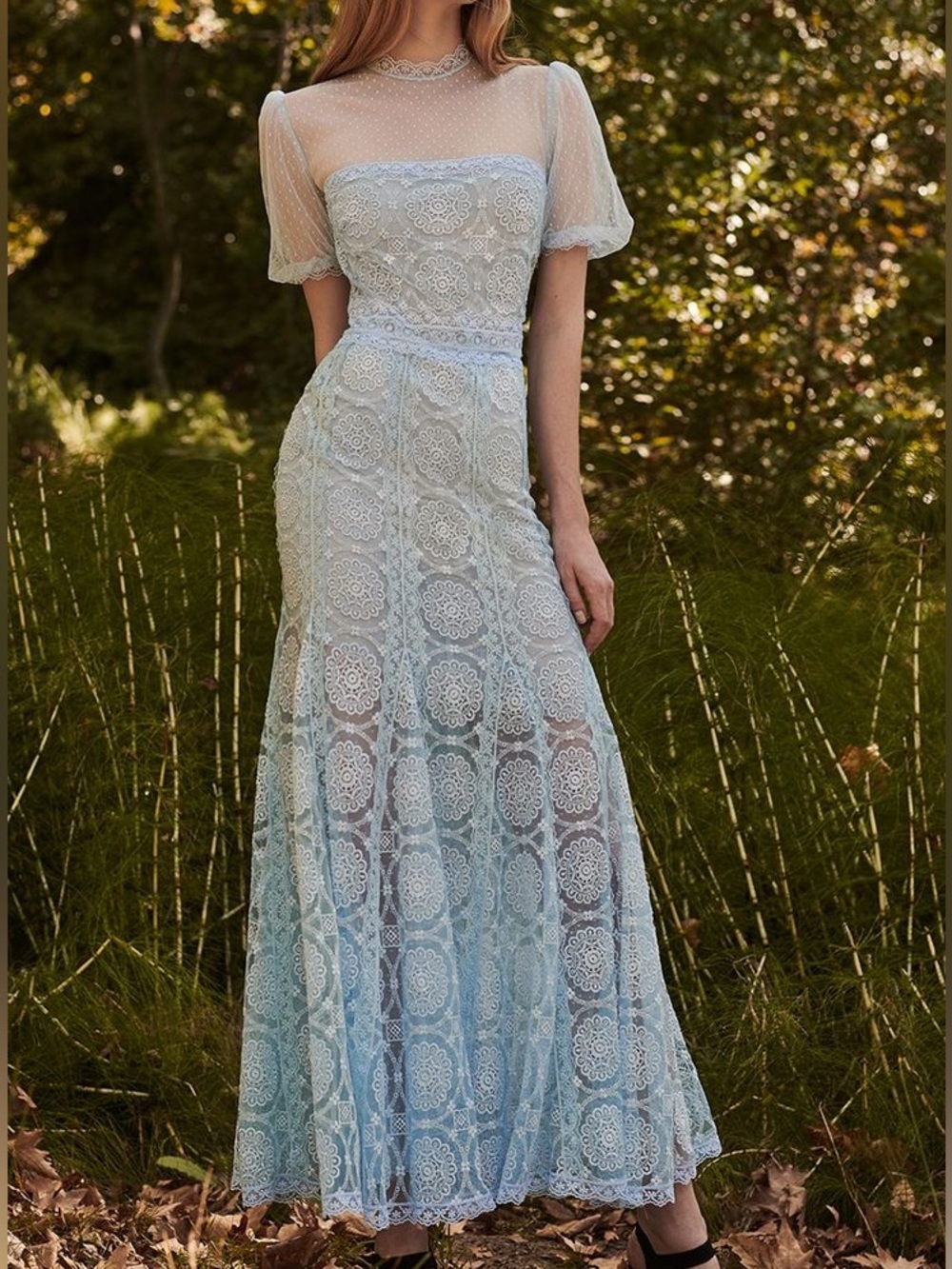 Costarellos Embroidered Swiss Dot Tulle Maxi Dress in light blue